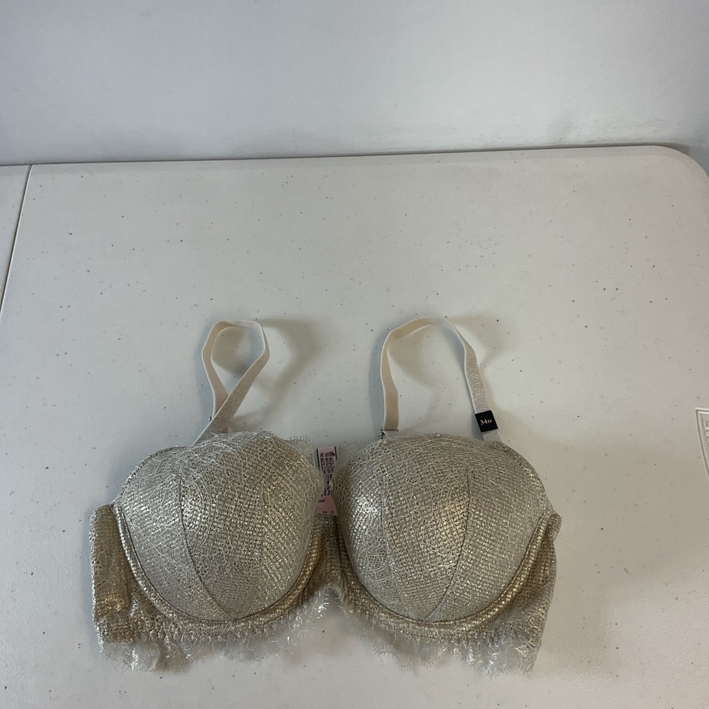 New Victorias Secret DREAM ANGELS LINED DEMI Bra 34D Silver Metallic Lace